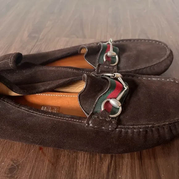 Men's Brown Suede Loafers with Green and Red Accents