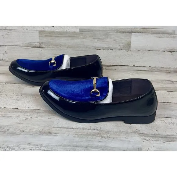 Men's Tuxedo Patent Loafers Classic Black W/ Blue Velvet Dress Formal SIZE 9.5