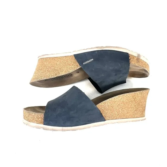 Mephisto Lise Wedge Sandals Nubuck Blue Leather Cork Slides Womens 11 US 41 EU