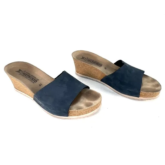 Mephisto Lise Wedge Sandals Nubuck Blue Leather Cork Slides Womens 11 US 41 EU