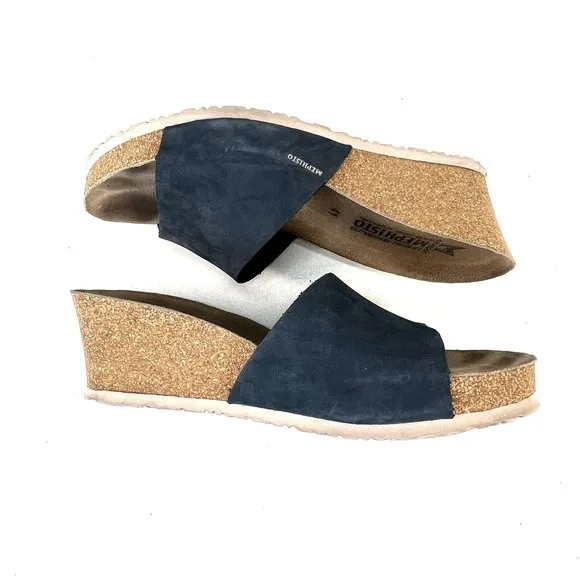 Mephisto Lise Wedge Sandals Nubuck Blue Leather Cork Slides Womens 11 US 41 EU