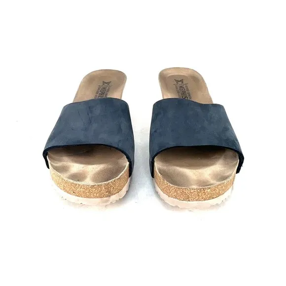 Mephisto Lise Wedge Sandals Nubuck Blue Leather Cork Slides Womens 11 US 41 EU