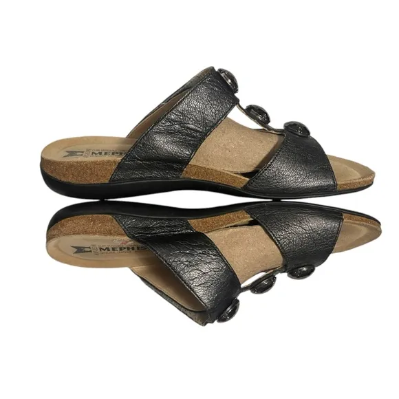 Mephisto Sandals Nazli Metallic Grey Leather Adjustable Cork Slide Size 39 (9)