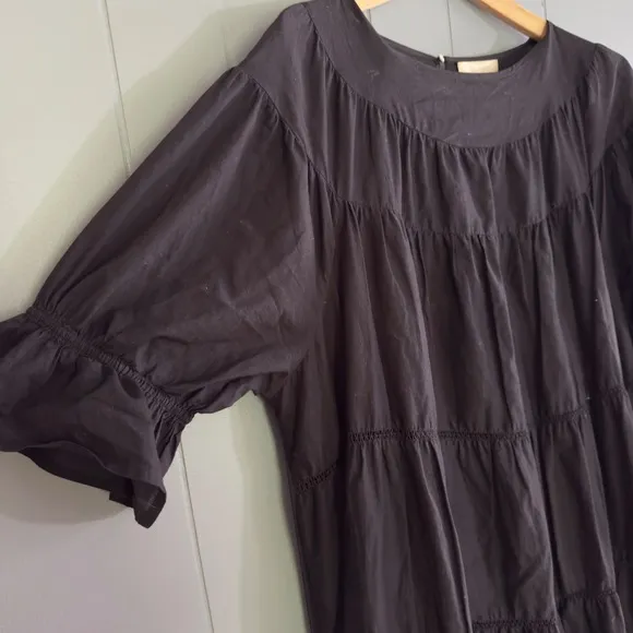 Merlette 100% Cotton Tiered Black Midi Dress Large Puff Sleeve Boho Minimalist