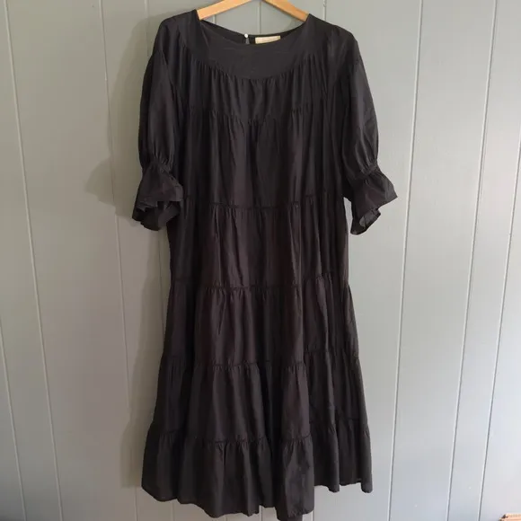 Merlette 100% Cotton Tiered Black Midi Dress Large Puff Sleeve Boho Minimalist