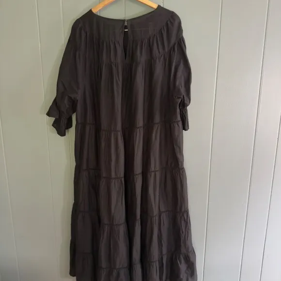 Merlette 100% Cotton Tiered Black Midi Dress Large Puff Sleeve Boho Minimalist