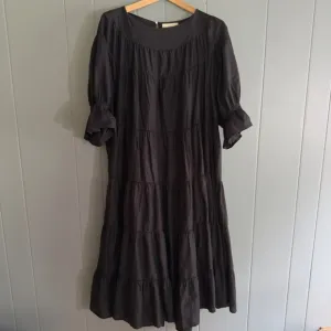 Merlette 100% Cotton Tiered Black Midi Dress Large Puff Sleeve Boho Minimalist