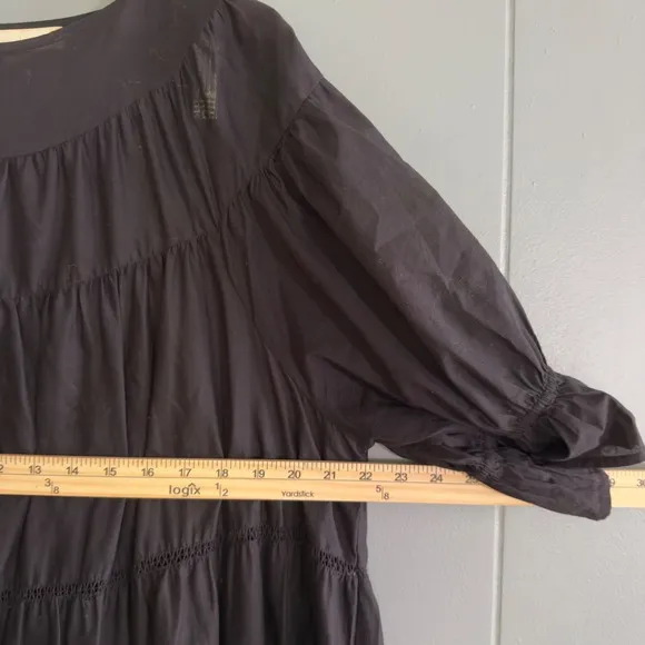Merlette 100% Cotton Tiered Black Midi Dress Large Puff Sleeve Boho Minimalist