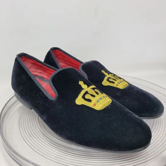 Merlutti Black Velvet King Crown Slippers Loafers Smoking Mens Sz 13 Flat Luxury