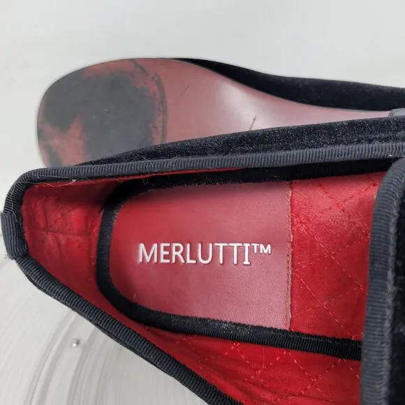 Merlutti Black Velvet King Crown Slippers Loafers Smoking Mens Sz 13 Flat Luxury