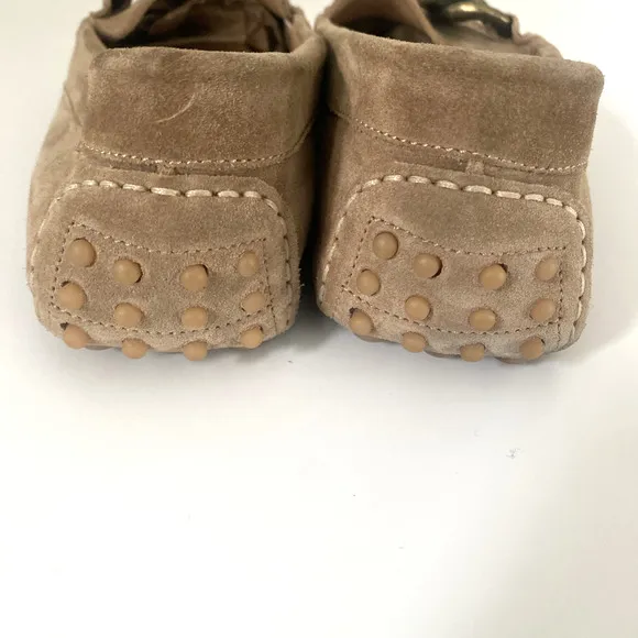 M.Gemi Pastoso Link Suede Moccasin Loafers Brass Chain Round Toe Beige 38.5 8