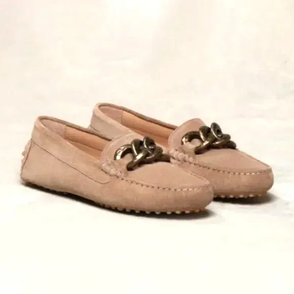 M.Gemi Pastoso Link Suede Moccasin Loafers Brass Chain Round Toe Beige 38.5 8