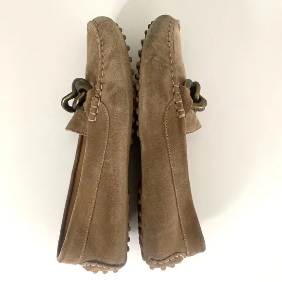 M.Gemi Pastoso Link Suede Moccasin Loafers Brass Chain Round Toe Beige 38.5 8