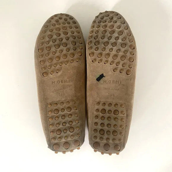 M.Gemi Pastoso Link Suede Moccasin Loafers Brass Chain Round Toe Beige 38.5 8