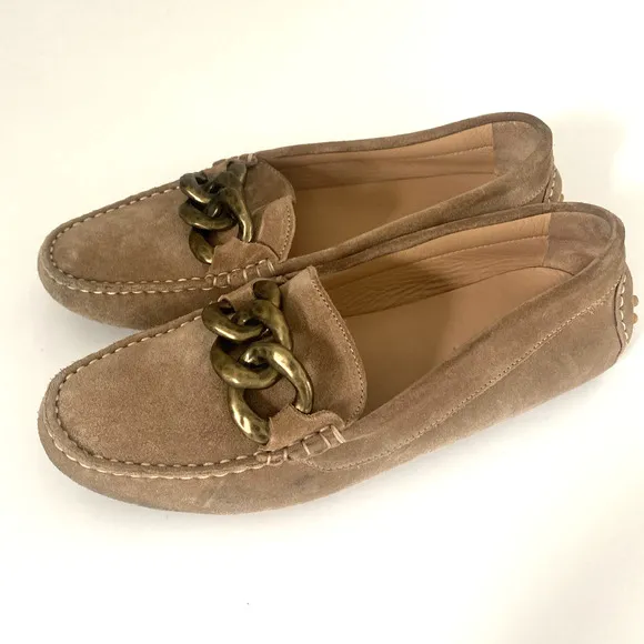 M.Gemi Pastoso Link Suede Moccasin Loafers Brass Chain Round Toe Beige 38.5 8
