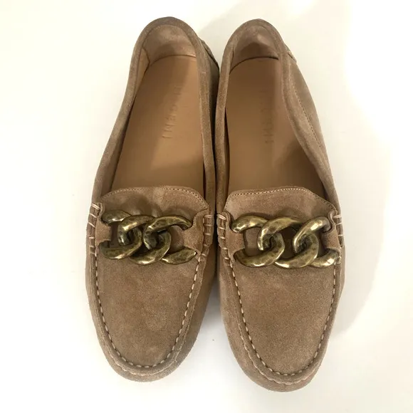 M.Gemi Pastoso Link Suede Moccasin Loafers Brass Chain Round Toe Beige 38.5 8