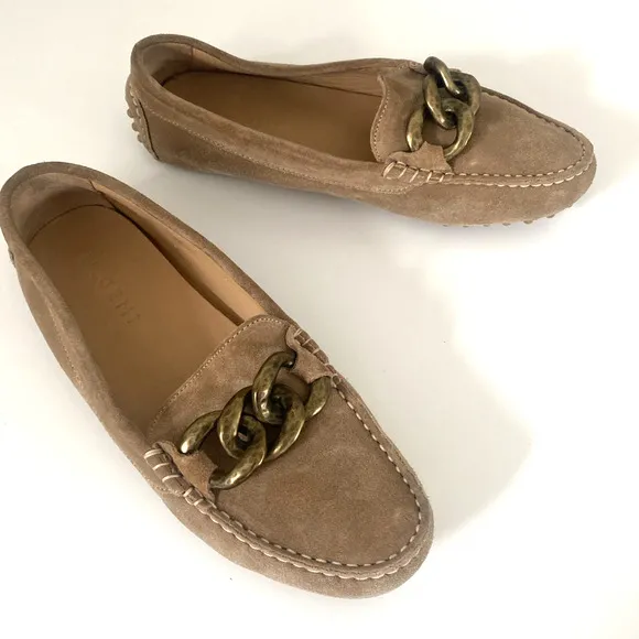 M.Gemi Pastoso Link Suede Moccasin Loafers Brass Chain Round Toe Beige 38.5 8