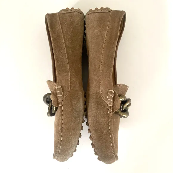 M.Gemi Pastoso Link Suede Moccasin Loafers Brass Chain Round Toe Beige 38.5 8