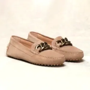 M.Gemi Pastoso Link Suede Moccasin Loafers Brass Chain Round Toe Beige 38.5 8