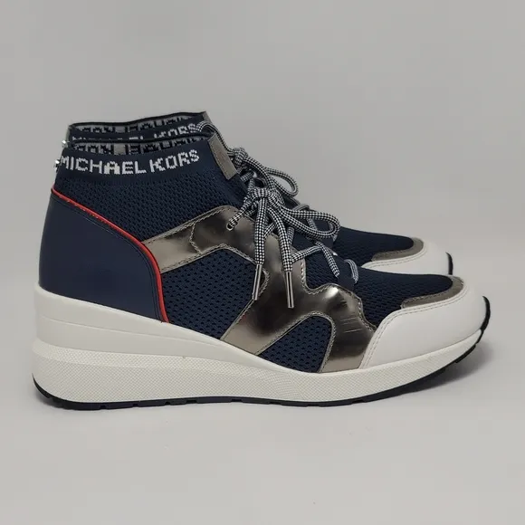 Michael Kors Hilda Knit &amp; Leather Sock Wedge Heel Lace Up Trainers Sneakers Sz 9