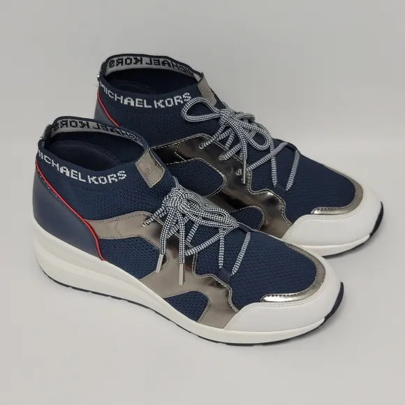 Michael Kors Hilda Knit &amp; Leather Sock Wedge Heel Lace Up Trainers Sneakers Sz 9