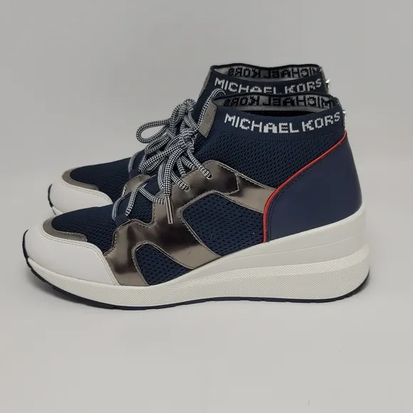 Michael Kors Hilda Knit &amp; Leather Sock Wedge Heel Lace Up Trainers Sneakers Sz 9