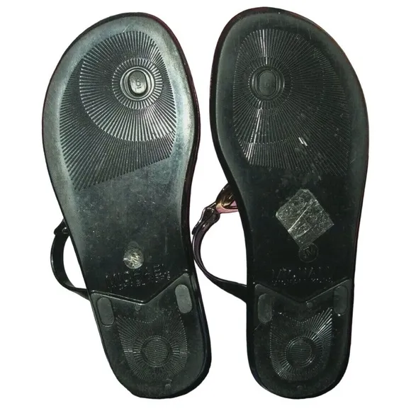 Michael Kors Sandals Black Jelly Gold Logo Thong Cork Slides Summer Beach Travel