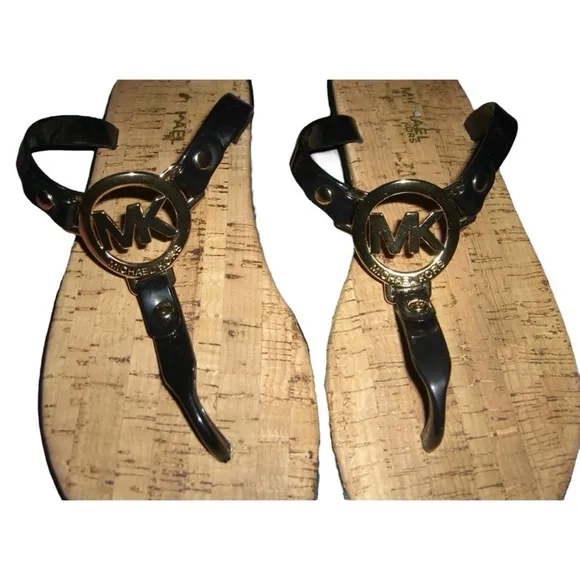 Michael Kors Sandals Black Jelly Gold Logo Thong Cork Slides Summer Beach Travel