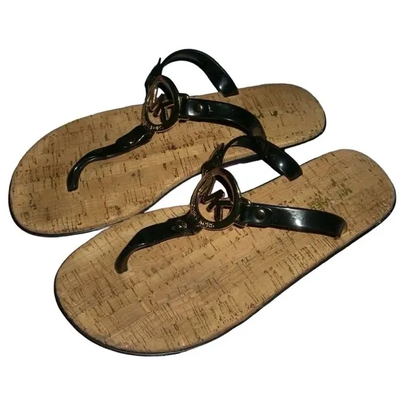Michael Kors Sandals Black Jelly Gold Logo Thong Cork Slides Summer Beach Travel