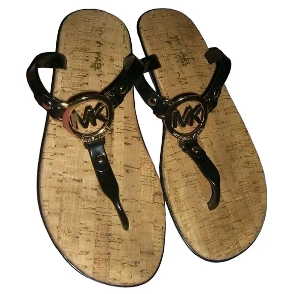 Michael Kors Sandals Black Jelly Gold Logo Thong Cork Slides Summer Beach Travel
