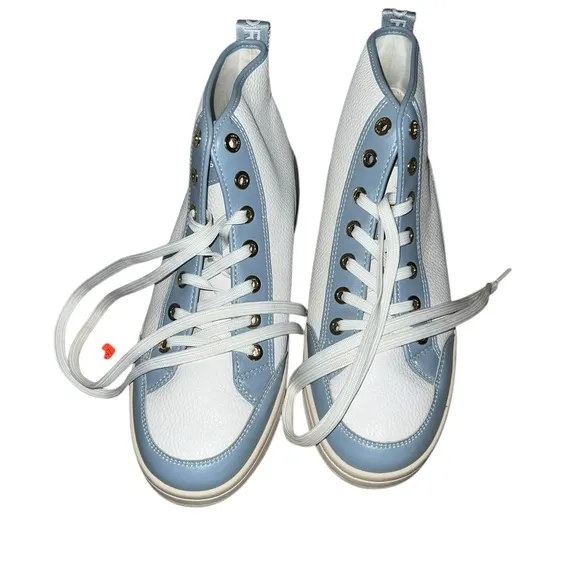 ✅Michael Kors Shea Mid High Top Two-Tone Faux Leather Sneaker Blue/White $225