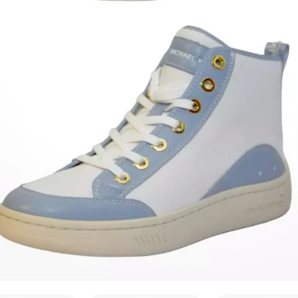 ✅Michael Kors Shea Mid High Top Two-Tone Faux Leather Sneaker Blue/White $225