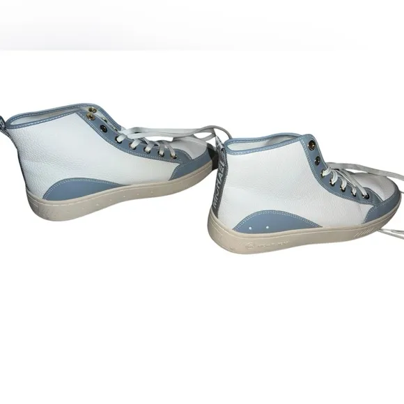 ✅Michael Kors Shea Mid High Top Two-Tone Faux Leather Sneaker Blue/White $225