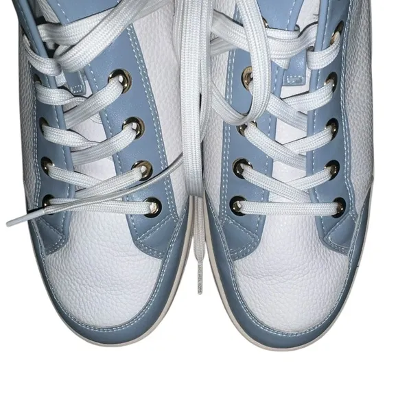 ✅Michael Kors Shea Mid High Top Two-Tone Faux Leather Sneaker Blue/White $225