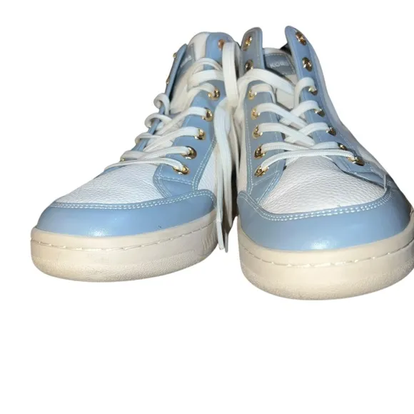 ✅Michael Kors Shea Mid High Top Two-Tone Faux Leather Sneaker Blue/White $225