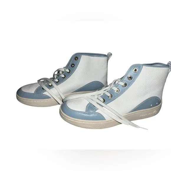 ✅Michael Kors Shea Mid High Top Two-Tone Faux Leather Sneaker Blue/White $225