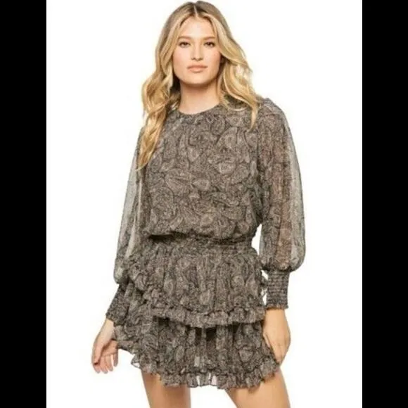 Misa Los Angeles Camila Paisley Smock Waist Long Sleeve Mini Dress Size XS NWT