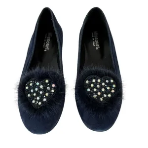Missouri Italian Shoes Lux Suede Leather Flats Fur Heart Embellished Navy 34 Kid