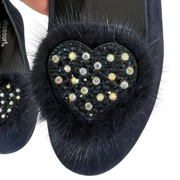 Missouri Italian Shoes Lux Suede Leather Flats Fur Heart Embellished Navy 34 Kid