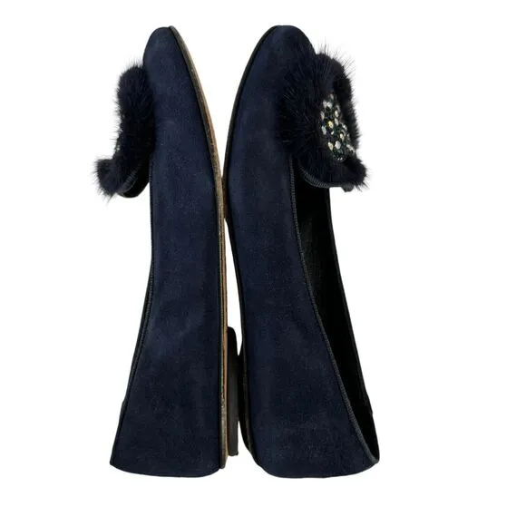 Missouri Italian Shoes Lux Suede Leather Flats Fur Heart Embellished Navy 34 Kid