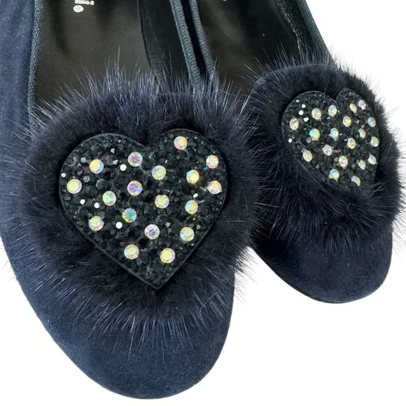 Missouri Italian Shoes Lux Suede Leather Flats Fur Heart Embellished Navy 34 Kid
