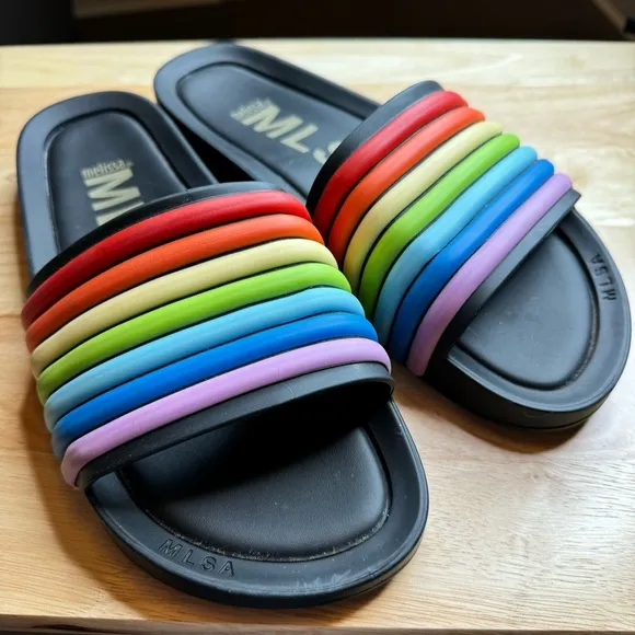 MLSA Melissa Black Rainbow Stripe Pride Slides