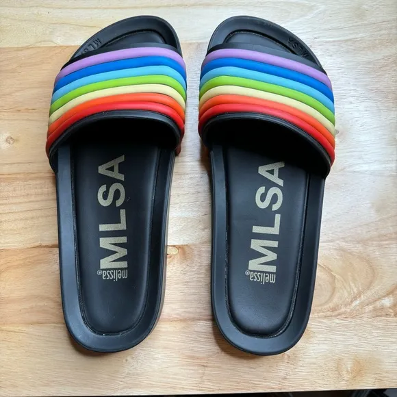 MLSA Melissa Black Rainbow Stripe Pride Slides