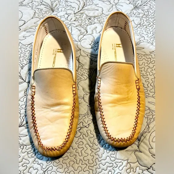 MORESCHI Italian Hand Stitched Leather Driving Loafers in Cream Men’s Sz…