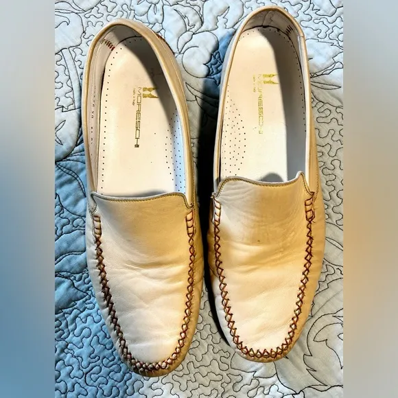 MORESCHI Italian Hand Stitched Leather Driving Loafers in Cream Men’s Sz…