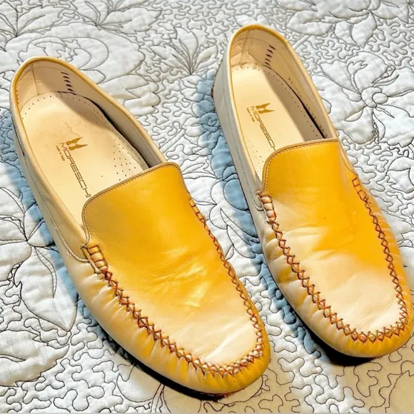 MORESCHI Italian Hand Stitched Leather Driving Loafers in Cream Men’s Sz…