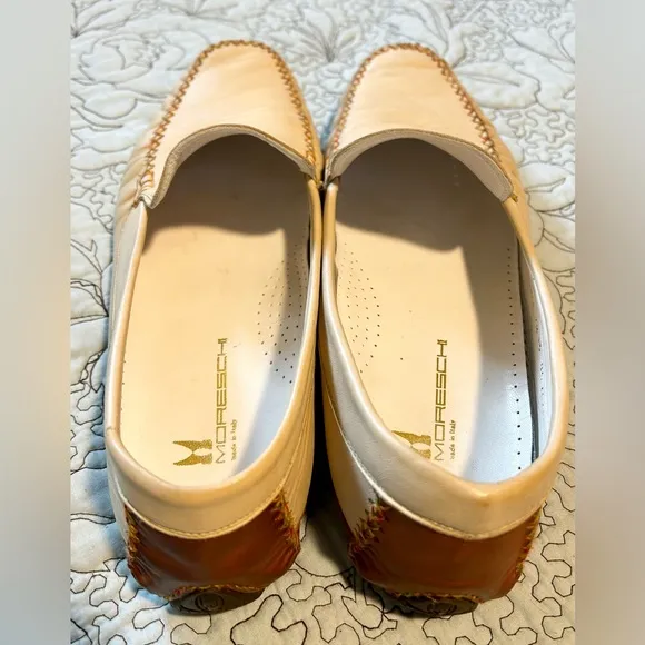 MORESCHI Italian Hand Stitched Leather Driving Loafers in Cream Men’s Sz…