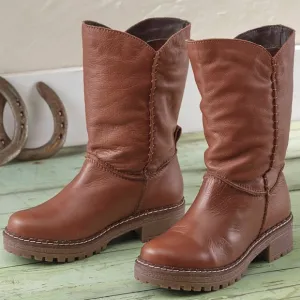 MOSSE &amp; CLOUD San Benito Leather Calf Boots Brown Sz 10 Slight Slouch Stitched