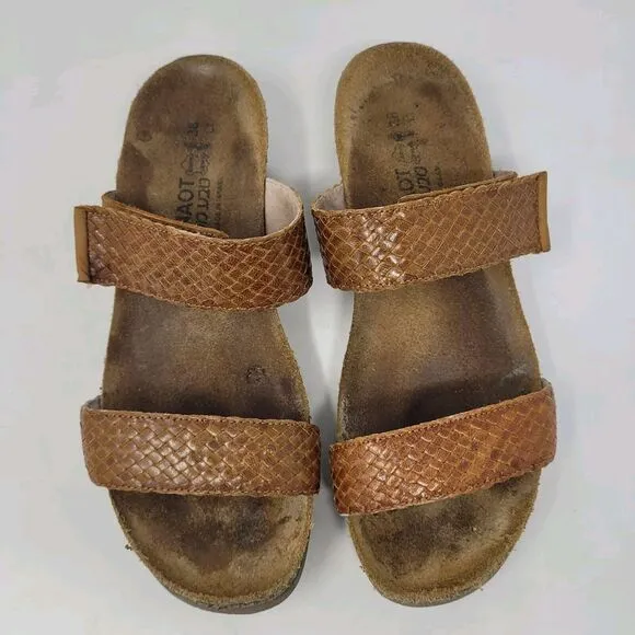 Naot Sandals EU38 US7.5 Blake Brown Leather Braided Wedges Adjustable Slides