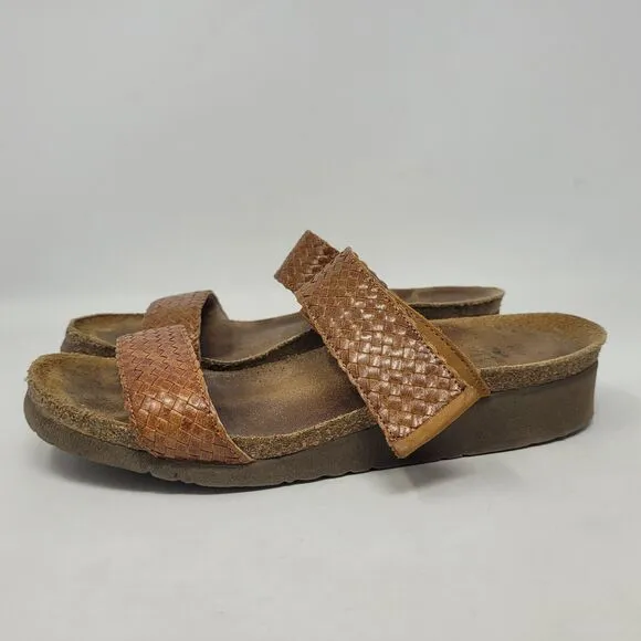 Naot Sandals EU38 US7.5 Blake Brown Leather Braided Wedges Adjustable Slides